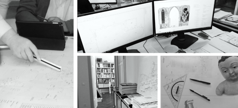 s/w Fotocollage: 3D, Pläne, Schnitte, PC-Bildschirm, Büro