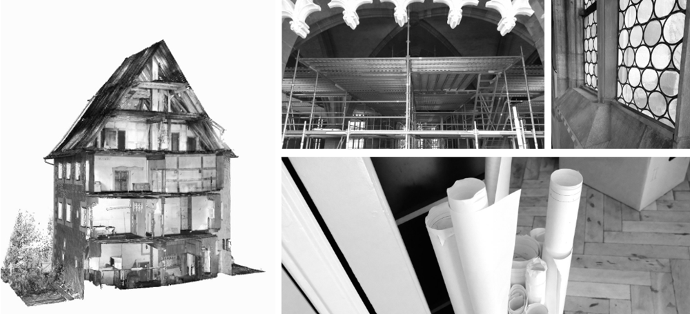 s/w Fotocollage: 3D, BIM, Pläne, Gerüst, Büro